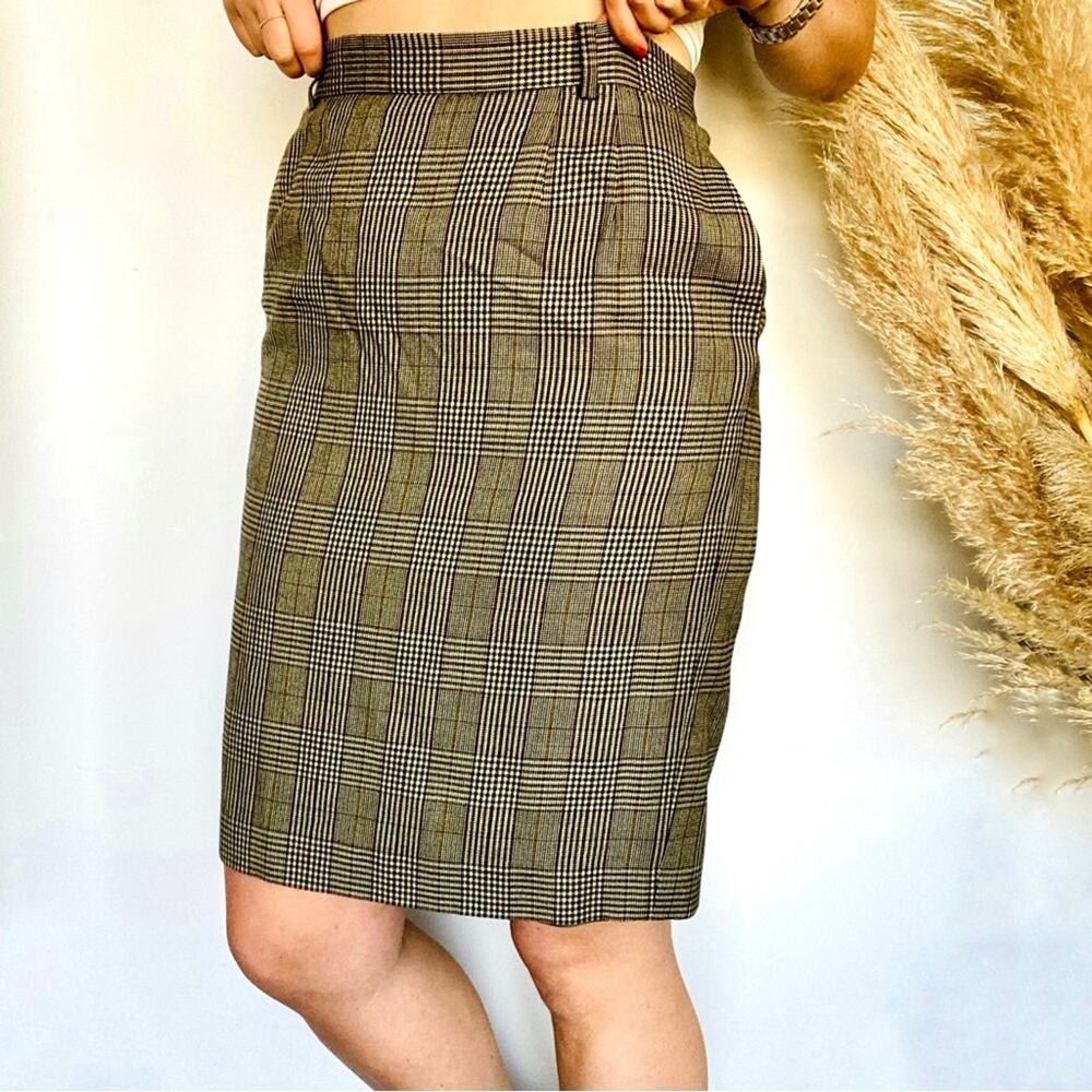 VINTAGE CLAIBORNE Brown Tan Plaid Print Business Pencil Midi Knee Skirt 6 - Picture 5 of 8